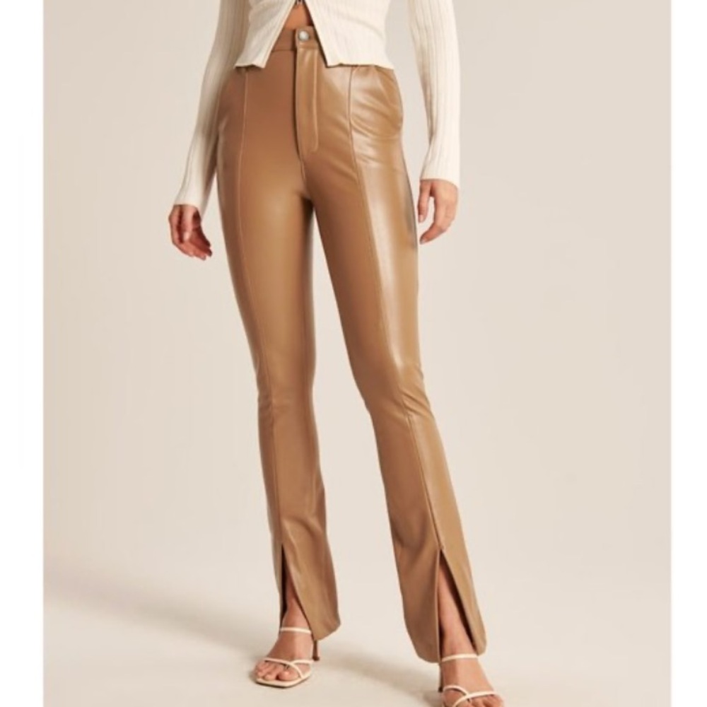 Abercrombie Tan Vegan Faux Leather Skinny Ultra High Rise Split Leg Hem Pants